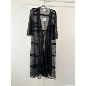 HAYDEN LOS ANGELES Black Sheer Polka Dot Lace Trim Kimono Duster Size S M